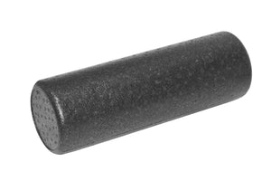general view of a black foam roller against a white background